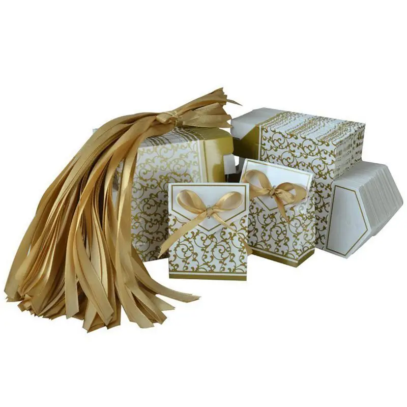 

50pcs Lovely Wedding Party Gift Favors Candy Paper Boxes with Ribbons (Golden)