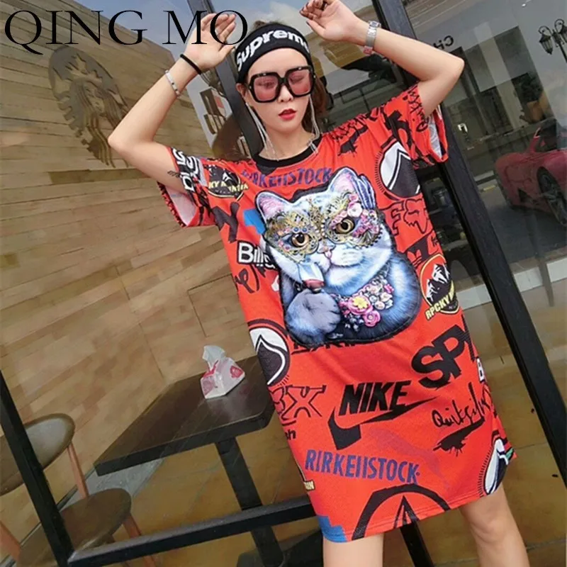QING MO Летняя женская футболка с рисунком кота, женское платье с рисунком, женское тонкое шелковое платье с круглым вырезом и коротким рукавом QF380