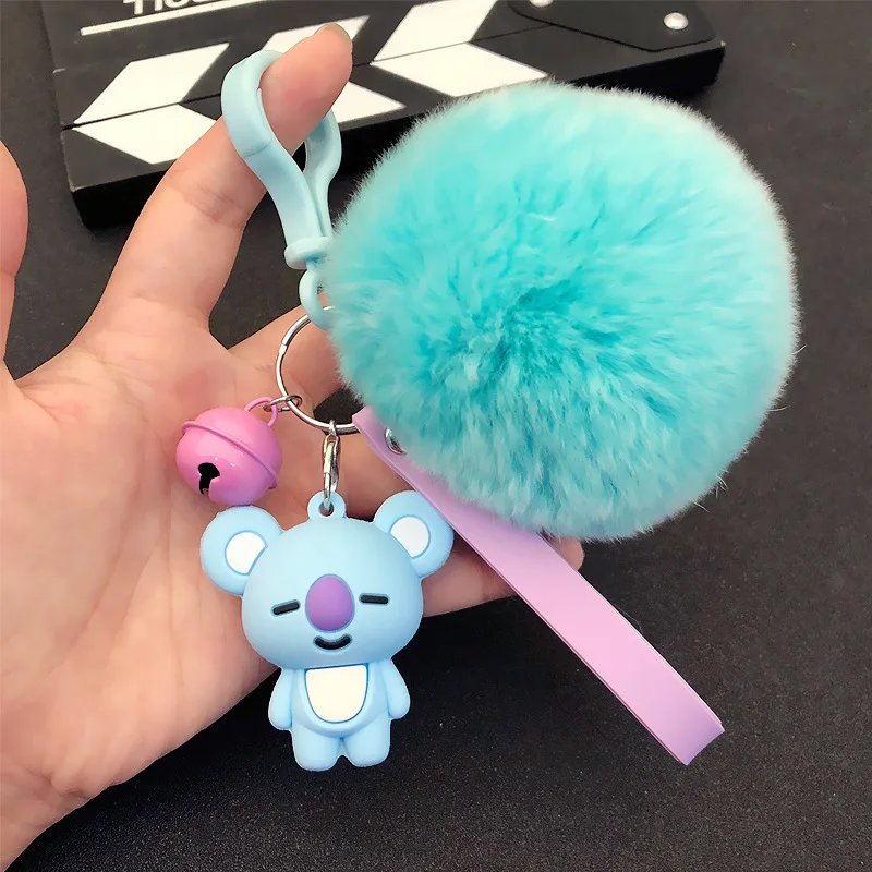 

Kawaii cartoon Fur Ball Plush Keychain animal bag Pendant Key ring Holder Tata BT21 Chimmy Handbag Charm For boys girls