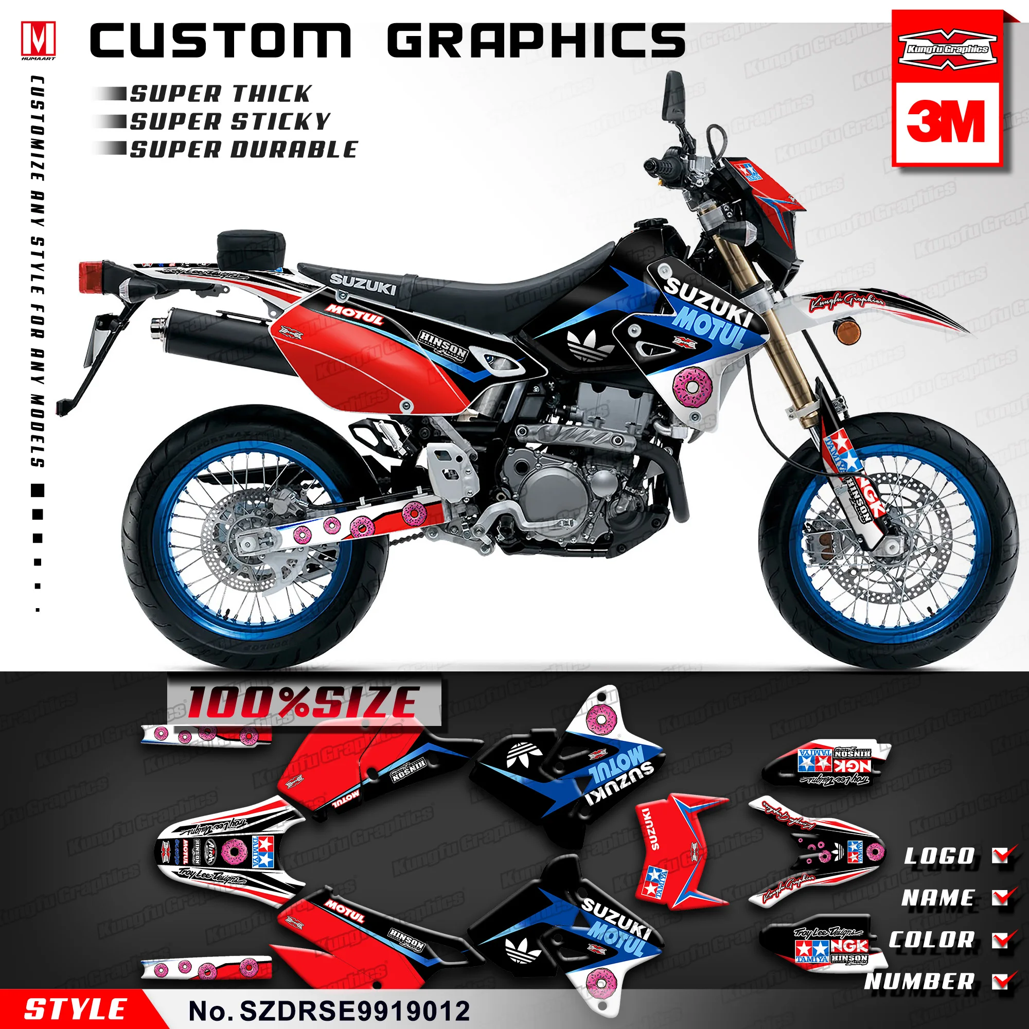 

KUNGFU GRAPHICS Dirt Bike Stickers Motorcycle Decals Kit for Suzuki DRZ 400 SM DRZ 400 E 1999 to 2019 (Style no. SZDRSE9919012)