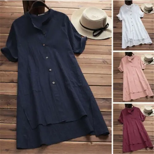 

Plus Size Women Summer Baggy Tunic Tops Shirt Dress Short Sleeve Mini Dress Solid Button Loose Sundress Female Polyester Dresses