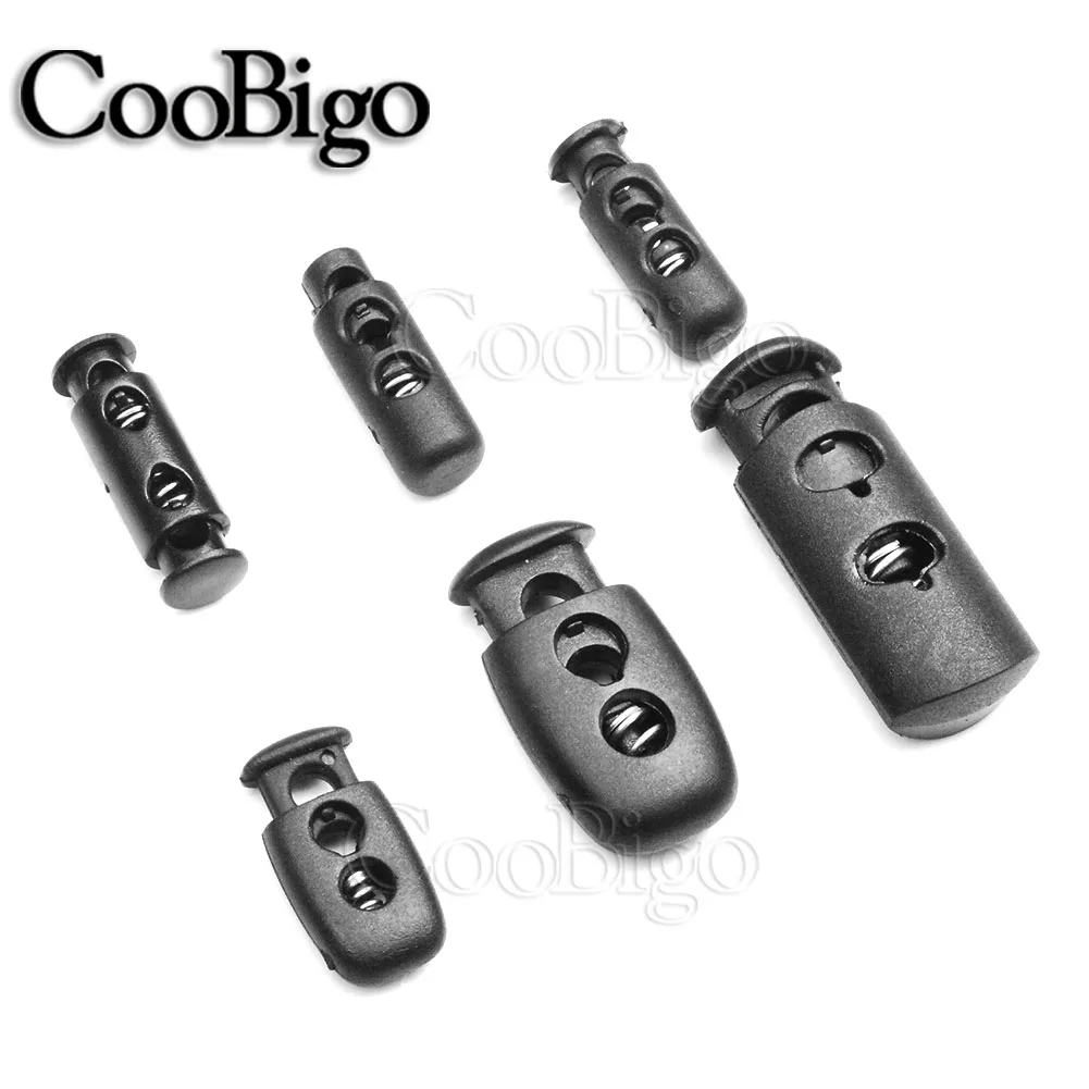 25pcs Plastic Cord Stoppers Ends Push Lock 2 holes Toggles Spring Clip