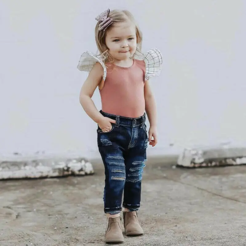 

2-7Y Summer Fashion Toddler Kid Baby Girls 2PCS Plaid Sleeve Pink T-shirt Tops+Denim Long Pants Clothes Outfit Set