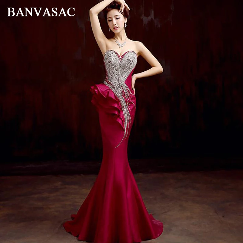 

BANVASAC Luxury Crystal Strapless Ruffles Mermaid Long Evening Dresses Party Satin Sweep Train Backless Prom Gowns