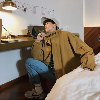

Spring New Woolen Jacket Men Fashion Letters Embroidery Casual Tooling Wind Jacket Man Streetwear Hip Hop Loose Bomber Jacket