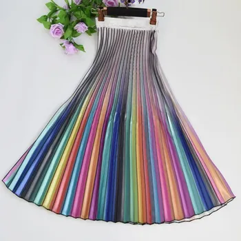 

2019 Spring Women's Long Skirt Patchwork Luxury Rainbow Striped Pleated Skirt High Waist Glitter Skirt