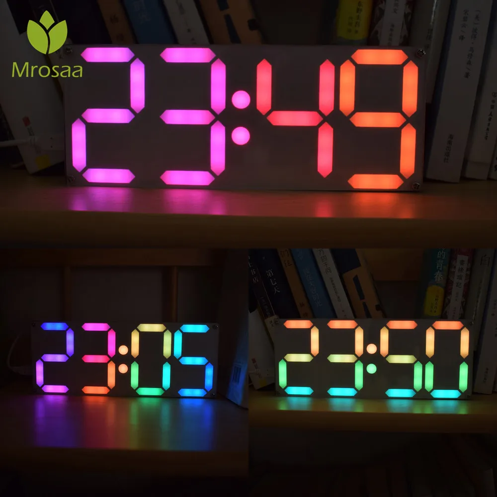 

Mrosaa Large Size Rainbow Color Digital Tube DS3231 Clock DIY Kit Time Date Alarm Table Desktop Clocks LED Display