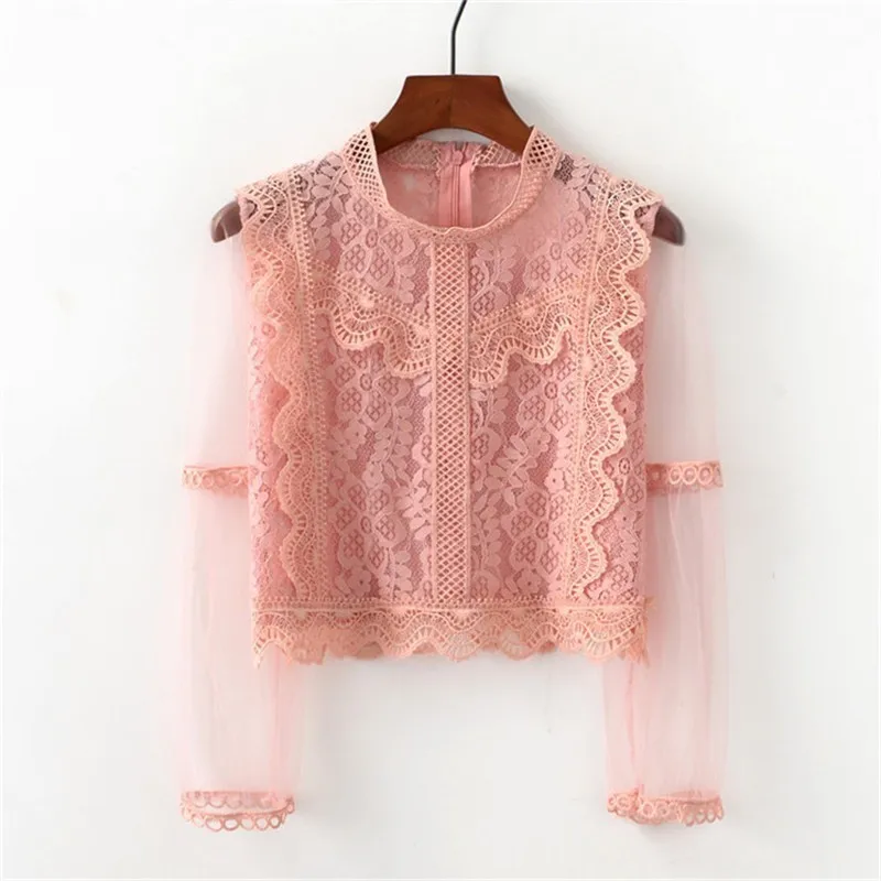 

Summer Tops Women Korean Sweet Hollow-out Jacquard tshirt Korean See-through Long Sleeve Zipper Back t shirt O-neck