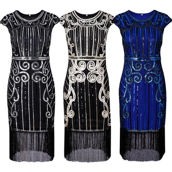 

Women Party Dress vintage Tassels Sequin Sleeveless party Dress