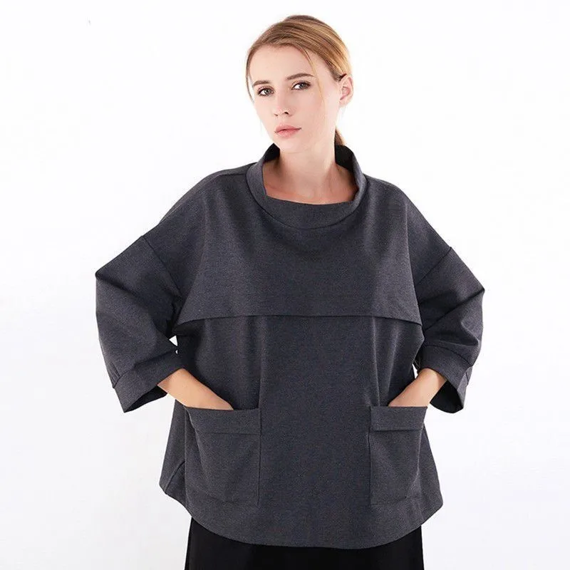 

[EWQ] 2019 New Spring winter Round Neck Batwing Sleeve Splice Big Szie Casual Loose Hem Pullovers Women Fashion Tide OC085