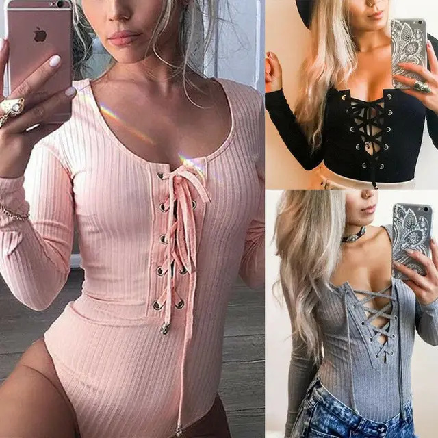 US $6.17 Hirigin Women's Bodycon Bodysuit V Neck Long Sleeve Bandage Jumpsuit Leotard Top