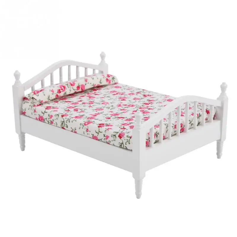 

1:12 Dollhouse Accessories Flower Pattern Cute Furniture Double Bed Miniature Furniture Wooden Double Bed for 1/12 Scale Doll