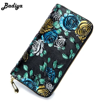 

Genuine Leather Colored Drawing Rose and Dragonfly Women Leather Long Wallet RFID Credit Card Purse Phone Clutch Wallets Bag