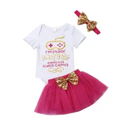 3 шт новорожденных Топ для маленьких девочек комбинезон + Тюлевая юбка-пачка Набор резинок для волос одежда Одежда для новорожденных
