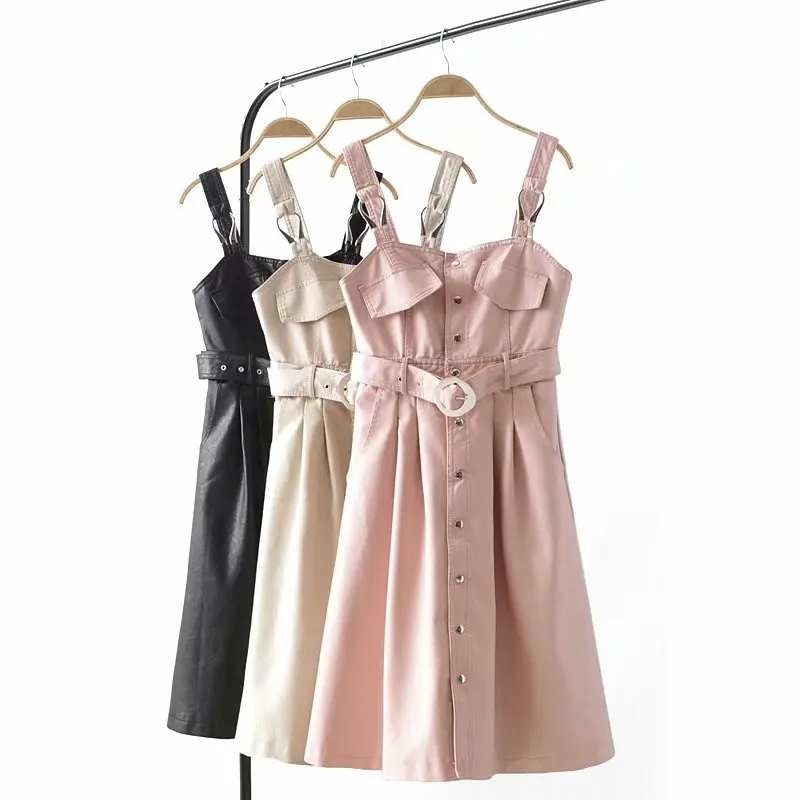 

Spring & autumn new women's single-breasted locomotive PU leather strap dress Q171