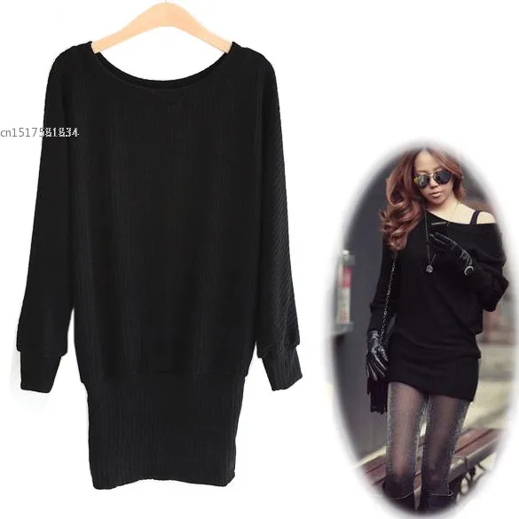 2018 New Arrival Casual Women Solid Long Batwing Sleeve Knitting Bag Hip Mini Sweater Dress Black Drop Shipping 25 | Женская одежда