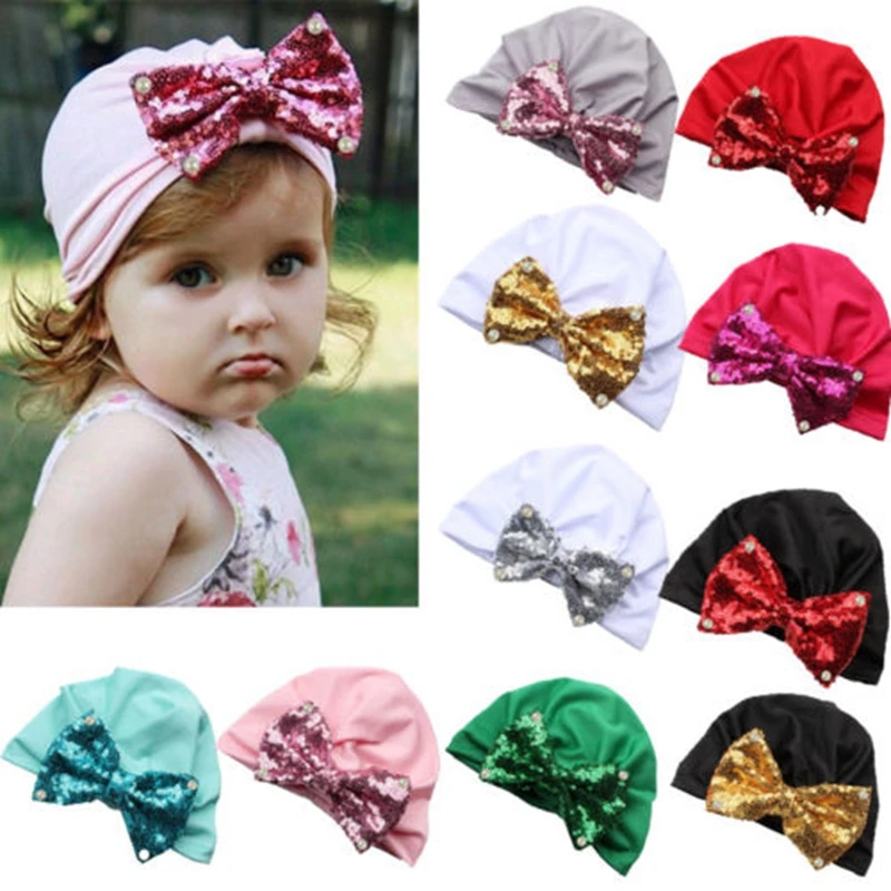 Newborn Baby Hatd Kids Soft Bow Knotted Sequins Milk Fiber Wrap Turban