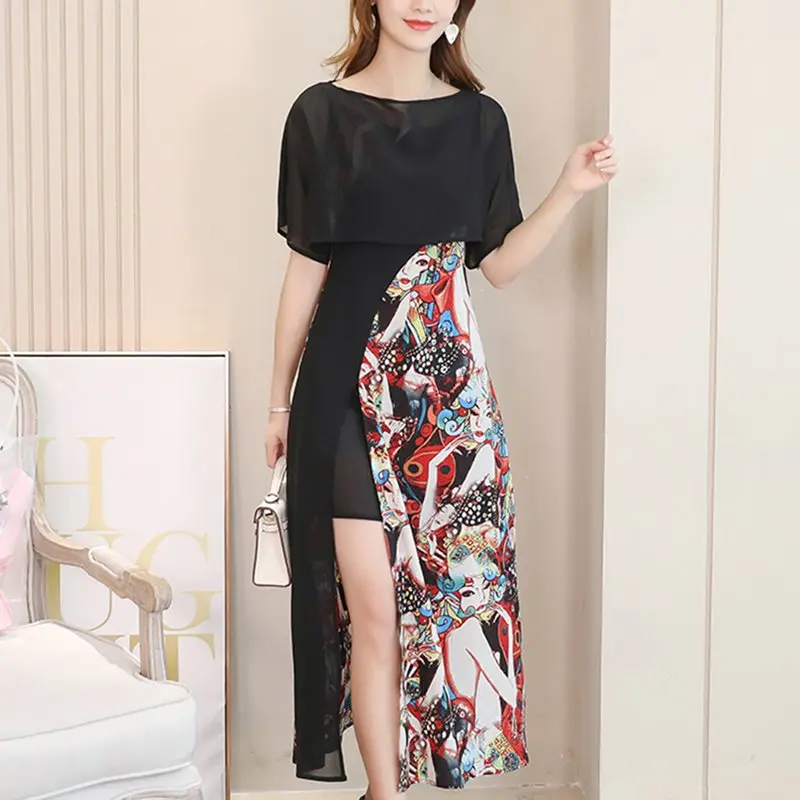 

Summer Dress Elegant Women Korean Chic Print Sexy Split High Waist Boho Street Stylish Patchwork Casual Party Black Midi Dresses