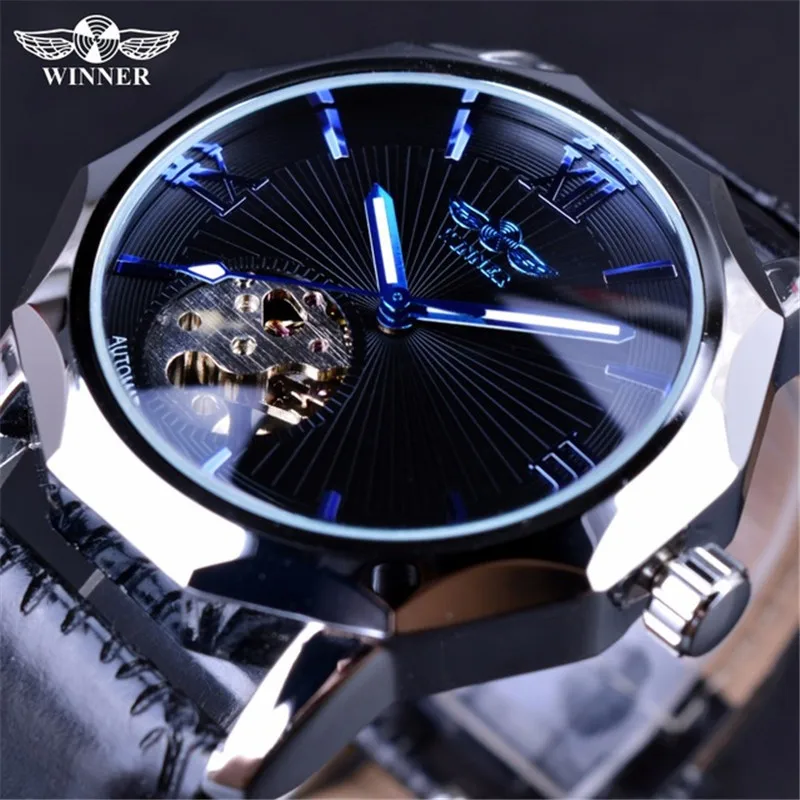 Винтаж каркасные часы с автоматическим подзаводом Для мужчин модный топ брендовые Роскошные прозрачные механические кожаный браслет для