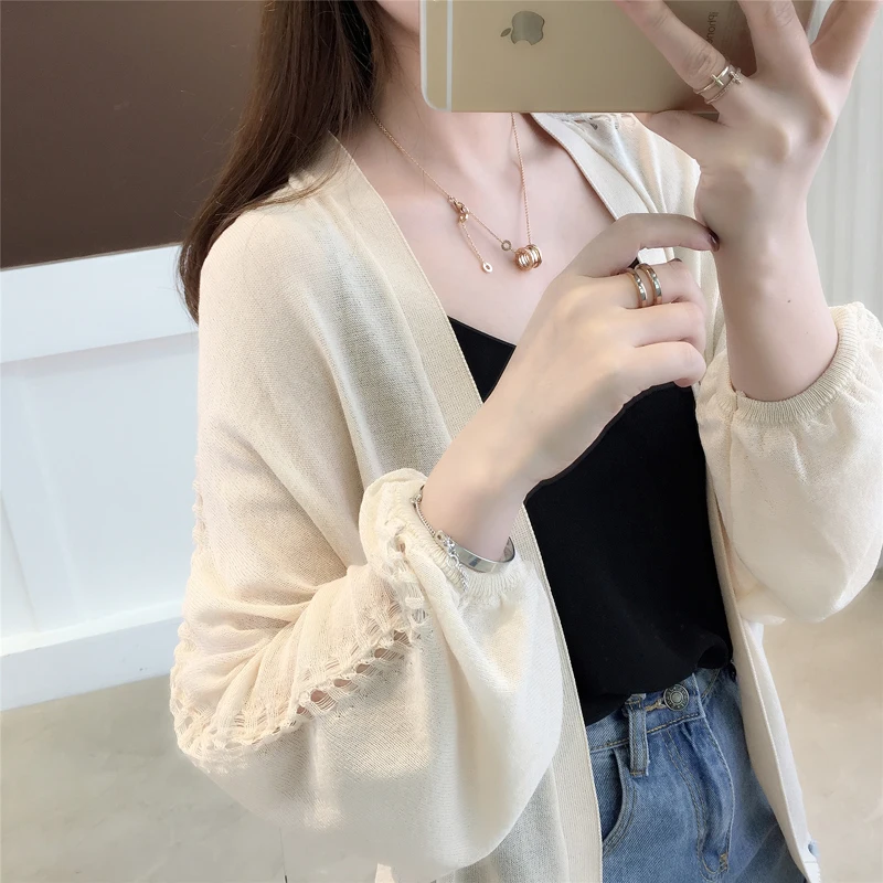 Thin knit cardigan female 2019 new spring summer Lace V neck solid sweater casual cardigans hollow loose shawl coat