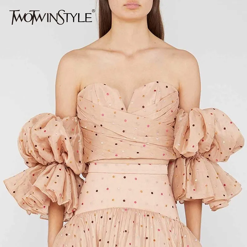 Skup TWOTWINSTYLE Polka Dot Off ramię kobiety płaszcz bez ramiączek bufiaste rękawy seksowne topy kobieta lato 2019 modna odzież nowy