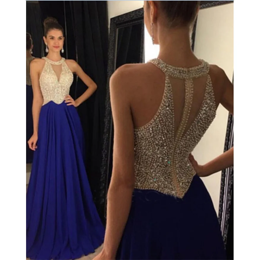 

Free Shipping Navy Blue Halter Prom Dresses Sexy Sheer Corset Long Party Backless Prom Dress With Crystal