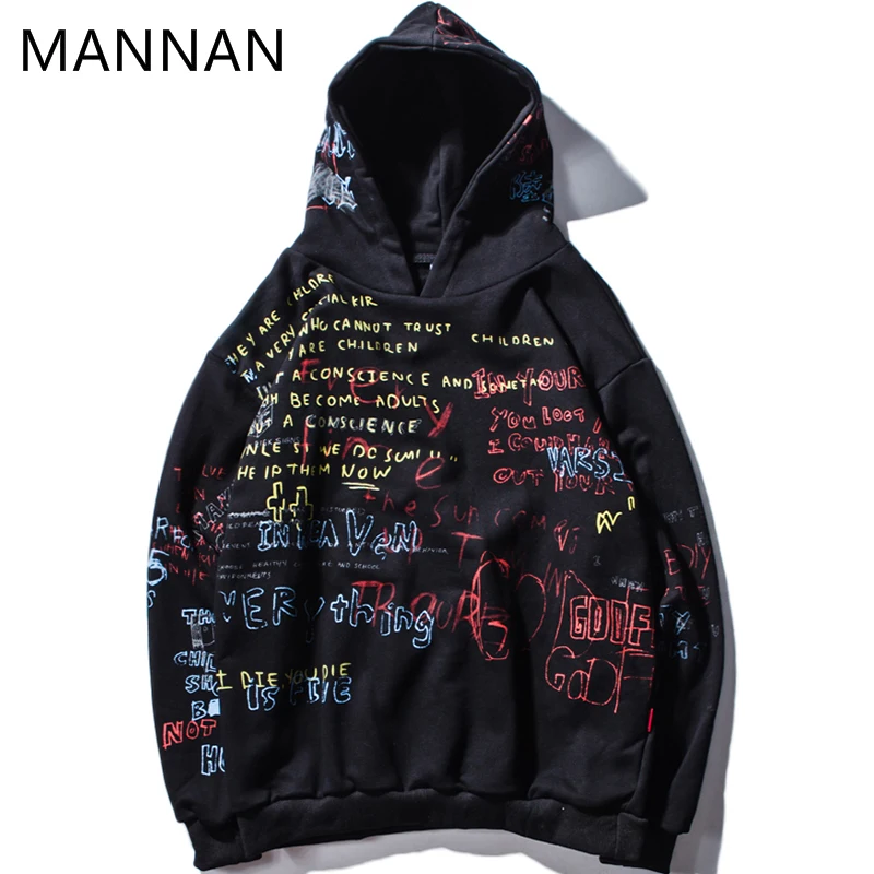 

MANNAN Graffiti Hoodies Mens 2018 Autumn Casual Pullover Sweats Hip Hop Hoodie Male Fashion Skateboards Sweatshirts