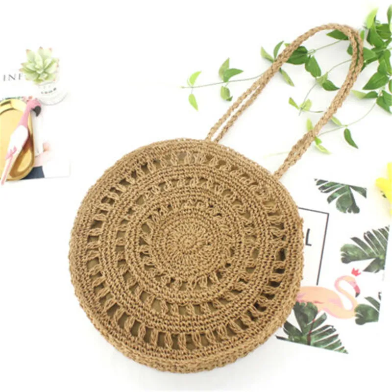 

Women Round Beach Bag Straw Woven Handbag Casual Tote Summer Fashion Ladies Shoulder Bag