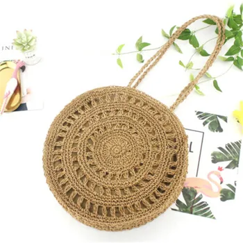 

Women Round Beach Bag Straw Woven Handbag Casual Tote Summer Fashion Ladies Shoulder Bag