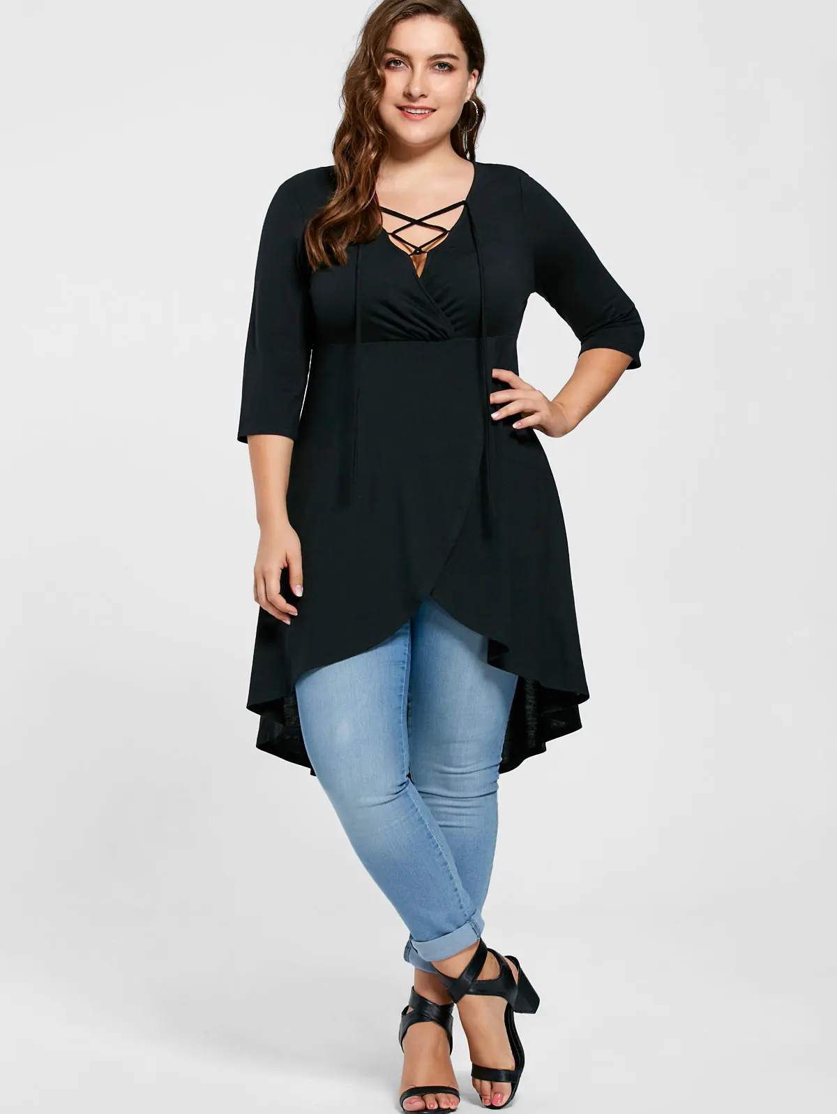 

Wipalo Plus Size 5XL Lace Up High Low Hem Overlap Top V-Neck Women Three Quarter Sleeve Asymmetrical Tunic Casual Solid T-Shirt