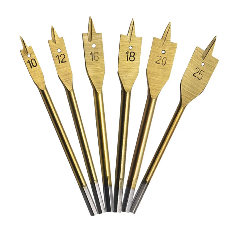 

6pcs/Set Titanium Coating Hex Shank Spade Bits Flat Boring Bit Wood Drill Bit Power Tools Hole Saw 10,12,16,18,20,25mm