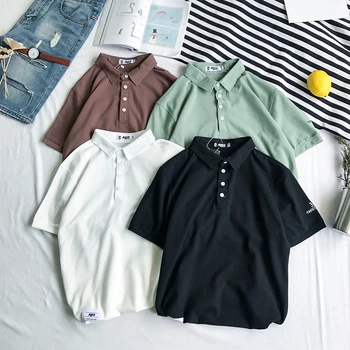 

Summer new original style pure color POO shi Japanese simple embroidery lapel short sleeve Tide Men's sh