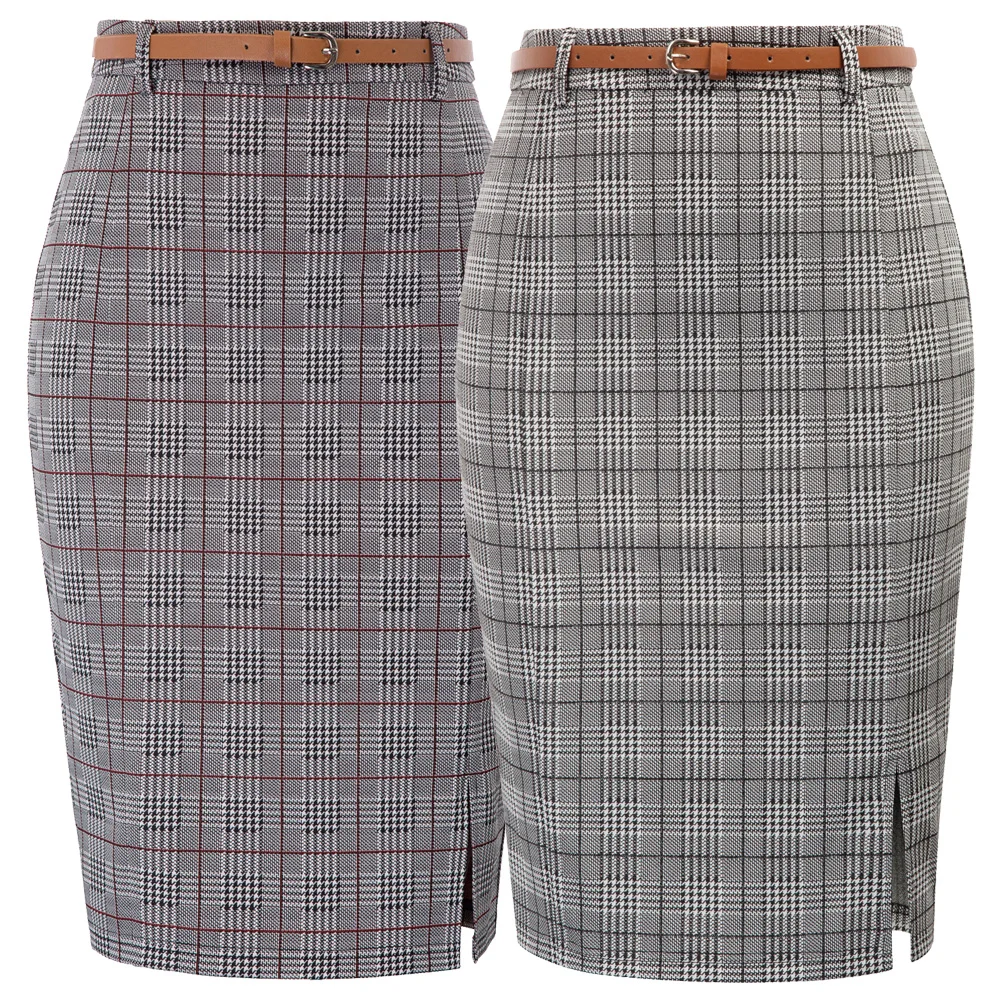 Skup KK vintage spódnice w kratę damska klasyczna siatka wzór pas zdobione podzielone biodra obcisły bodycon spódnica ołówkowa do kolan kobieta