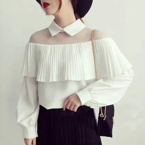 

Fashion white blouse Women Lady peter pan collar Shirt Frilly Ruffle Solid Tops Flounce Blouse Clothes