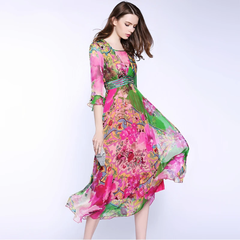 

100% Natural Silk Dresses 2019 Womens High Quality Half Sleeve Floral Print Bohemian Summer Beach Dress Female Vestidos