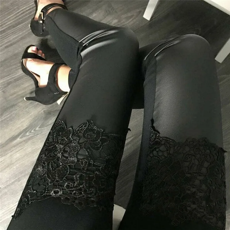 Женские эластичные брюки из искусственной кожи с аппликацией, блестящие узкие брюки, весенне-осенние женские брюки с высокой талией