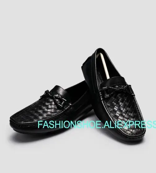 

Men Weave Peas Driving Loafers Flat heel Slip on Black Real leather Man Wedding Party Dress Shoes