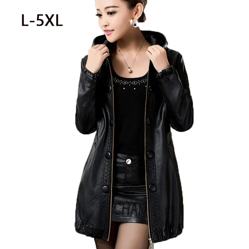 

2019 Winter 5xl Plus Size Leather Coat Women Skin Imitation Sheepskin Autumn Black Hooded Casual Long Coat Female Leather Jacket