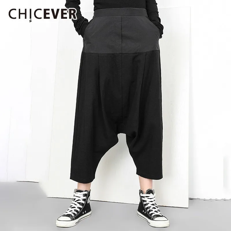 

CHICEVER Spring Pacthwork Hit Color Women Pant Elastic Waist Mid Front Pleated Female Ankle-length Harem Pants Women's Clothing