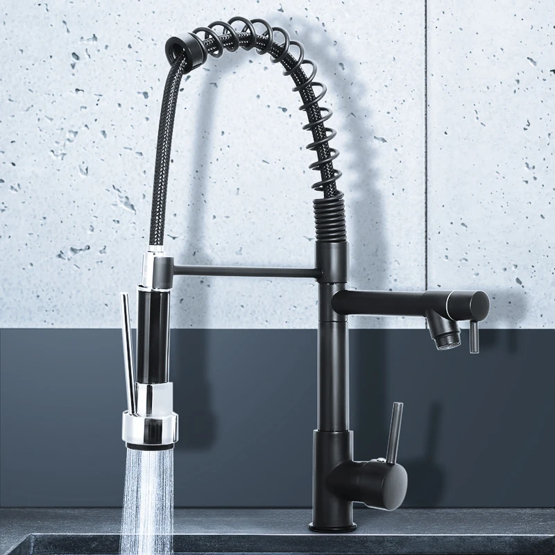

Black Spring Kitchen Faucet 360 Rotation Pull out Sprayer Dual Spout Single Handle Mixer Tap Sink Faucet Kitchen Faucets