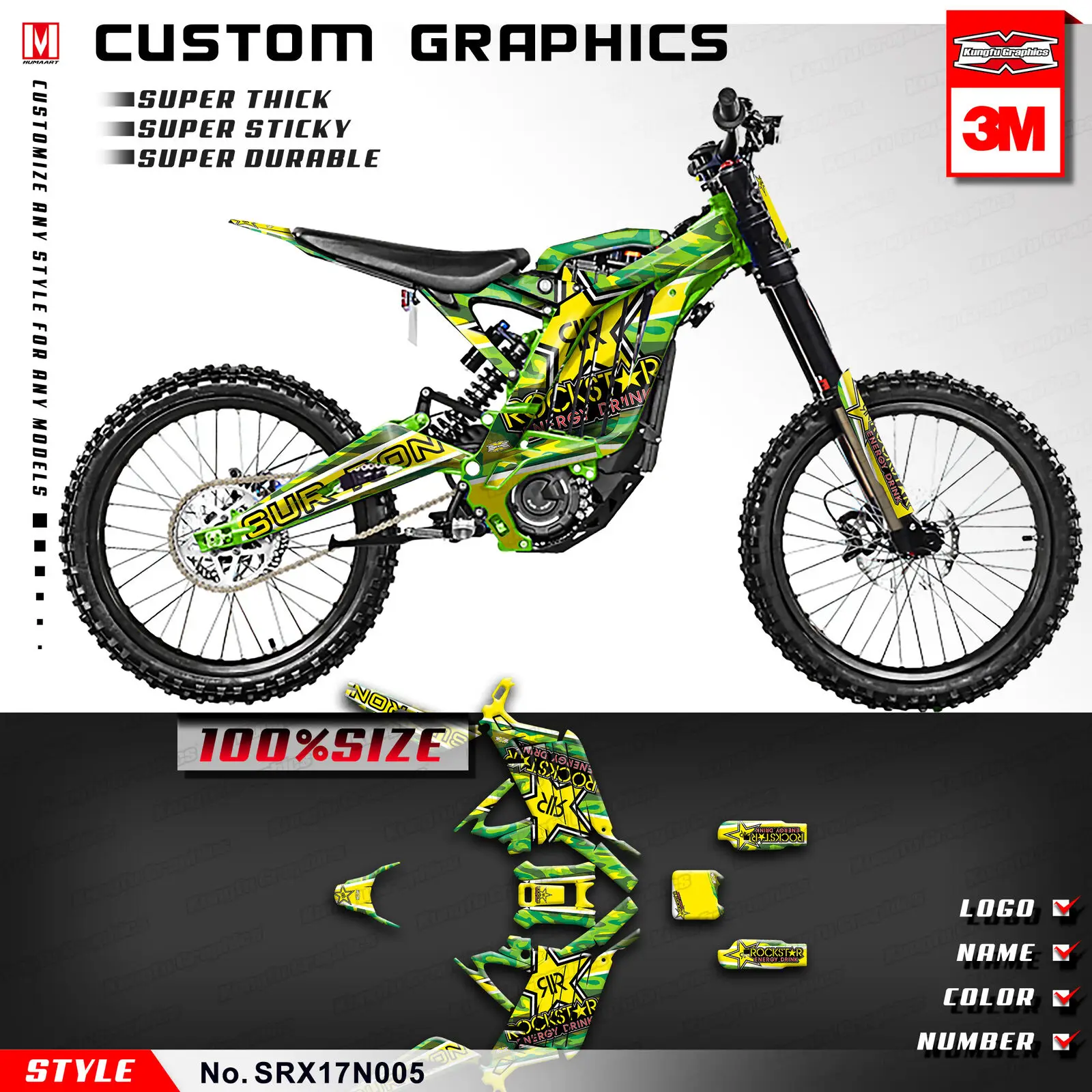 

KUNGFU GRAPHICS Personalised Stickers Custom Decals Kit Wraps for Sur-Ron Light Bee X Electric Motorcycle (Style no. SRX17N005)