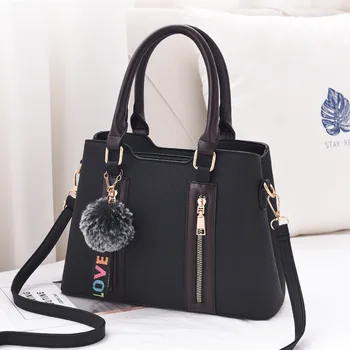 

Hot Sale Women PU Leather Handbags Casual Black Tote Bags Crossbody Bag TOP-handle Bag With Tassel Fluffy Ball Messenger Tote