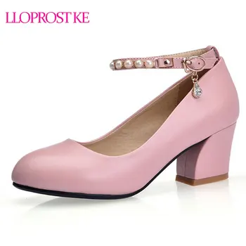 

Lloprost ke Thick High Heel Platform Women Pumps Round Toe PU Leather Dress Party Wedding Bridal Heel Lady Buckle Stiletto D882