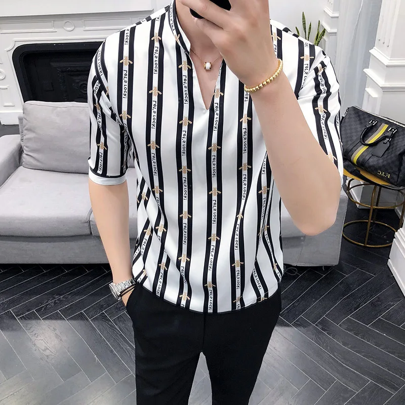 

Striped Half Sleeve Men Shirts Stand V-neck Pullover Loose Night Club Work Casual Shirt High Quality Camisa Social Masculina