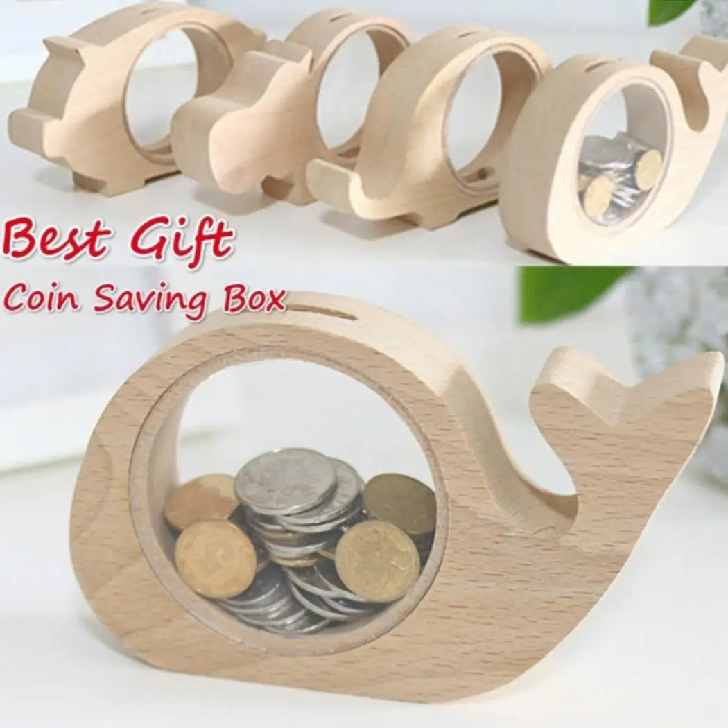 Wooden Money Box Cute Animal Shape Transparent Kids Solid Coin Casual