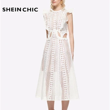 

2019 Runway Dress Solid White Lace Long Elegant Sleeveless Dress Sexy Hollow Out Ruffles A Line Women Summer Vestidos