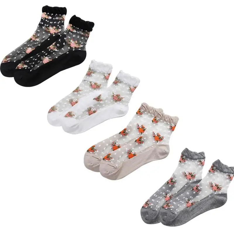 

Ladies Crystal Invisible Socks Female Roses Thin Nylon Breathable Sweaty Simple Soft Card Socks One Size Black White Gray Beige