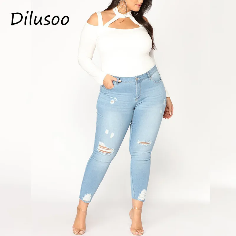 

Dilusoo Women Elastic Jeans Pants Plus Size Europe Holes Pencil Pants High Waist Skinny Jeans Women's Casual 4 Season Trousers