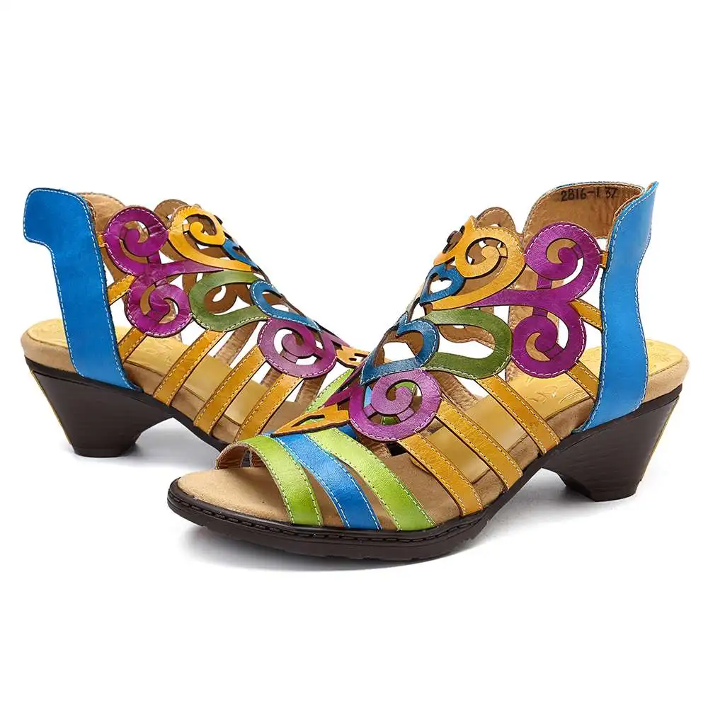 SOCOFY جوفاء جلد طبيعي الحب شكل لينة هوك حلقة منخفضة كعب الصنادل السيدات أحذية الصيف أنيقة عالية الكعب جديد 2019