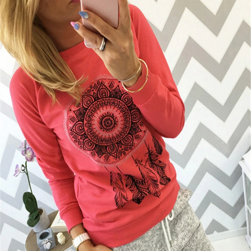 

2019 Women T Shirts Casual Long Sleeve Feather Printing Clothes Female Elegant Shirt Lady Autumn Tops Camisas Mujer T-shirt